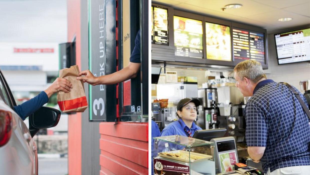 A fast food drive thru window, and a man ordering at a fast food counter