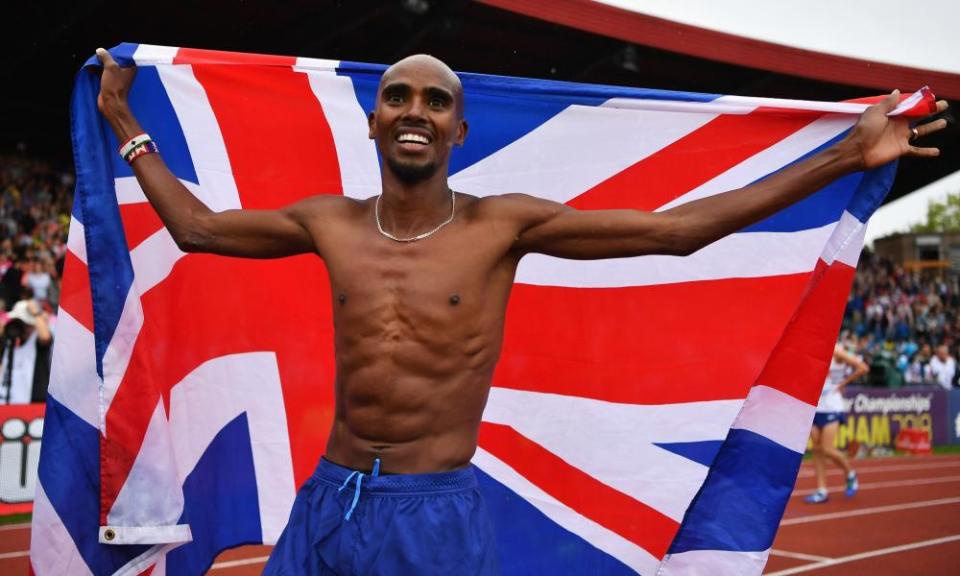 Mo Farah celebrates without his GB vest