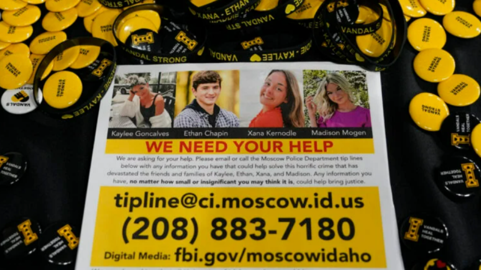 A flyer asks the public for information as police investigate the stabbing deaths of four University of Idaho students in Moscow, Idaho. / Credit: Ted S. Warren/AP