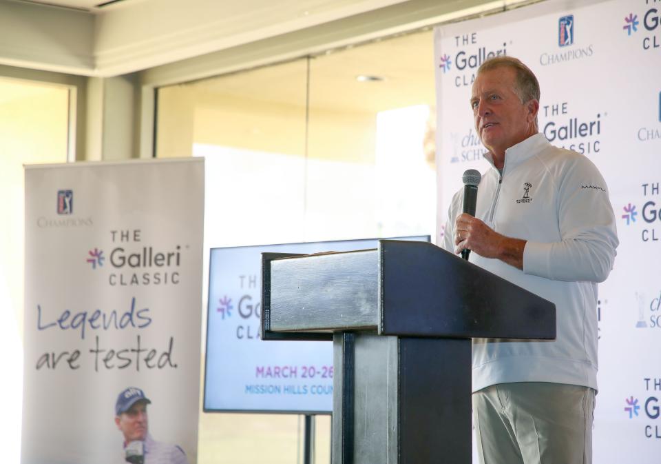Fred Funk of the PGA Tour Champions speaks during the Galleri Classic media day at Mission Hills Country Club in Rancho Mirage, Calif., Feb. 28, 2023.