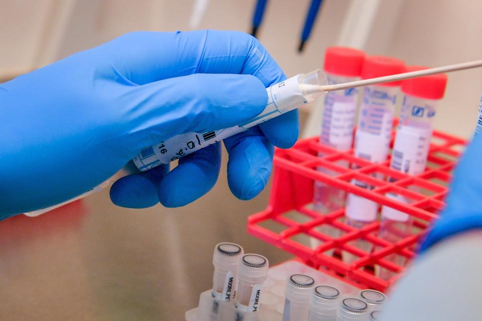 A patient’s Covid-19 swab is taken out from a sterile tube (Ben Birchall/PA) (PA Wire)