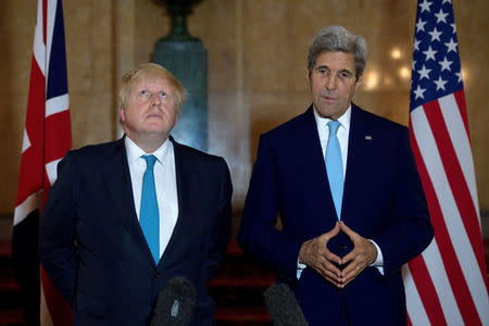 British Foreign Secretary Boris Johnson (L) and US Secretary of State John Kerry give a joint press conference after a meeting on the situation in Syria at Lancaster House in London October 16, 2016. REUTERS/JUSTIN TALLIS/Pool