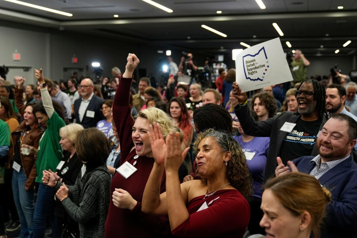 Guests react during a gathering for supporters of Issue 1 at the Hyatt Regency Downtown. The issue establishes a constitutional right to abortion.