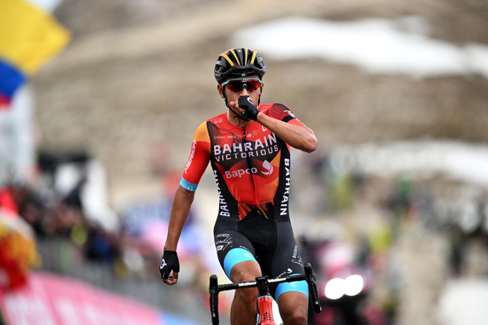 TRE CIME DI LAVAREDO ITALY  MAY 26 Santiago Buitrago of Colombia and Team Bahrain  Victorious celebrates at finish line as stage winner during the 106th Giro dItalia 2023 Stage 19 a 183km stage from Longarone to Tre Cime di Lavaredo 2307m  UCIWT  on May 26 2023 in Tre Cime di Lavaredo Italy Photo by Stuart FranklinGetty Images