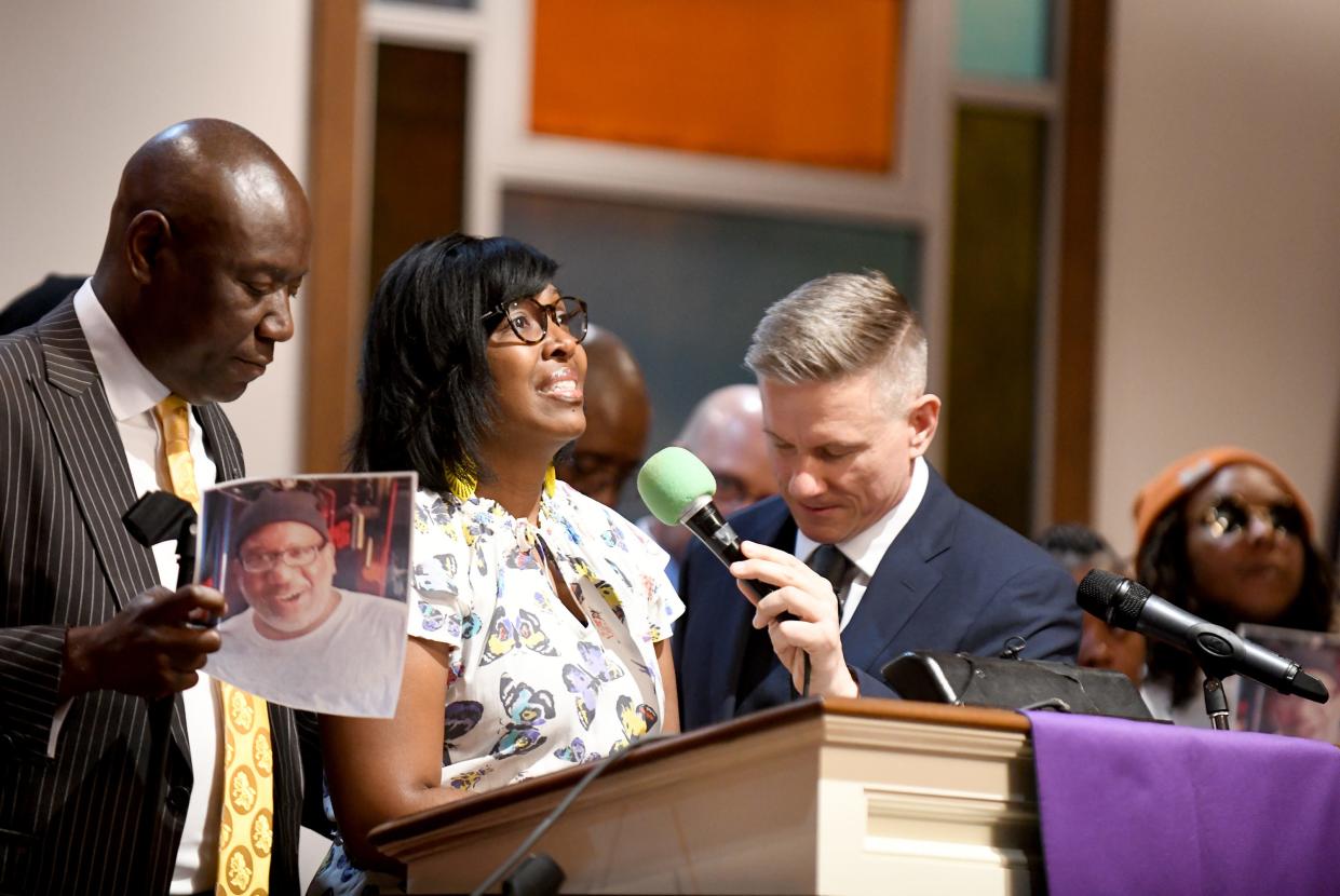 Angela Rembert, a cousin of Frank E. Tyson remembers him while joined by civil rights attorney Ben Crump and attorney Bobby DiCello at a press conference at St. Paul AME Church in Canton. Tyson died April 18 in police custody.