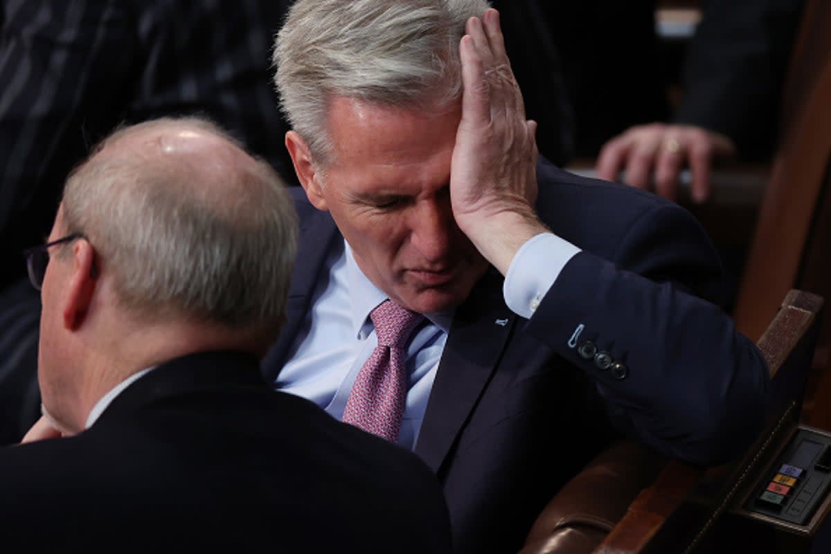 House Republican Leader Kevin McCarthy rubs his face during the fourth day of elections for Speaker of the House at the U.S. Capitol Building on January 06, 2023  (Getty Images)