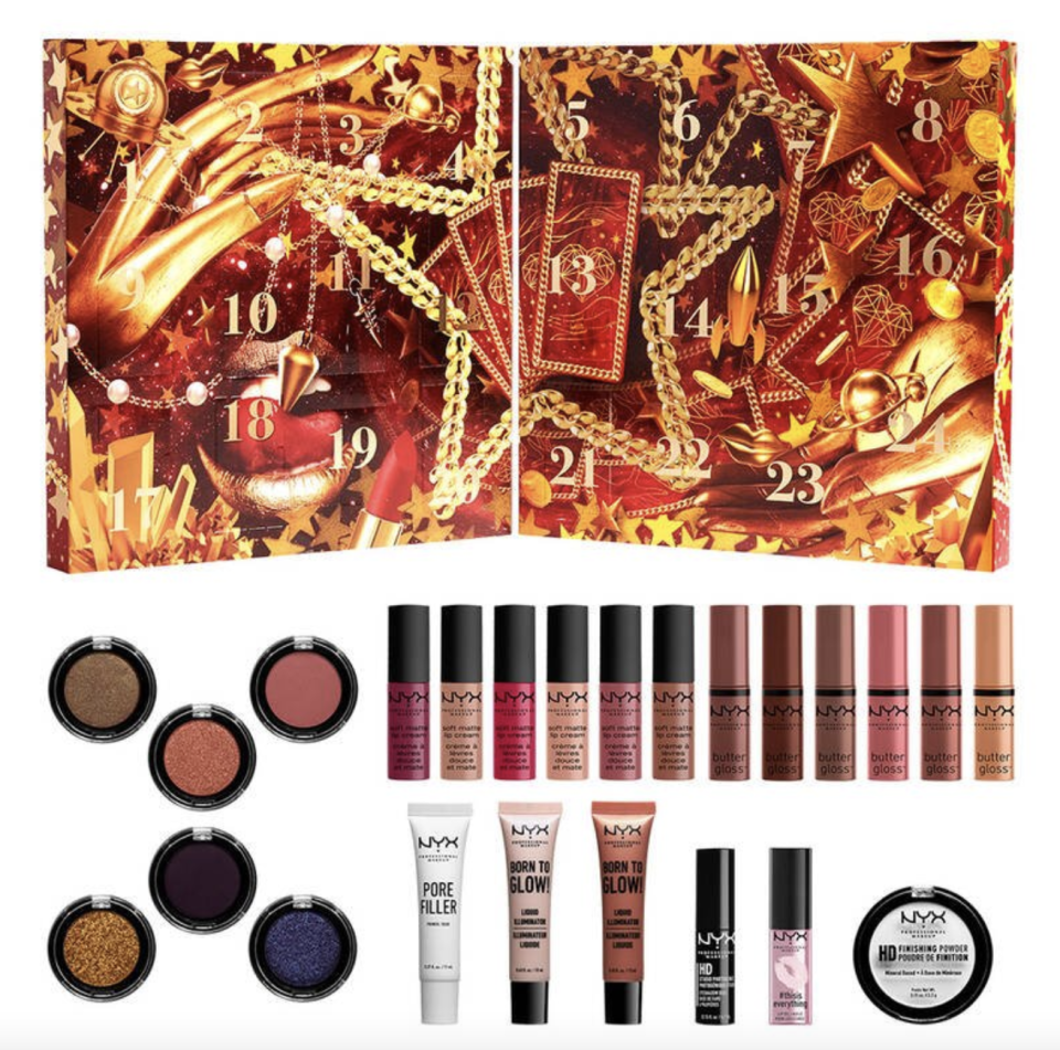Gimme Super Stars! NYX Holiday Advent Calendar with eye shadow, lip glosses, and lip sticks