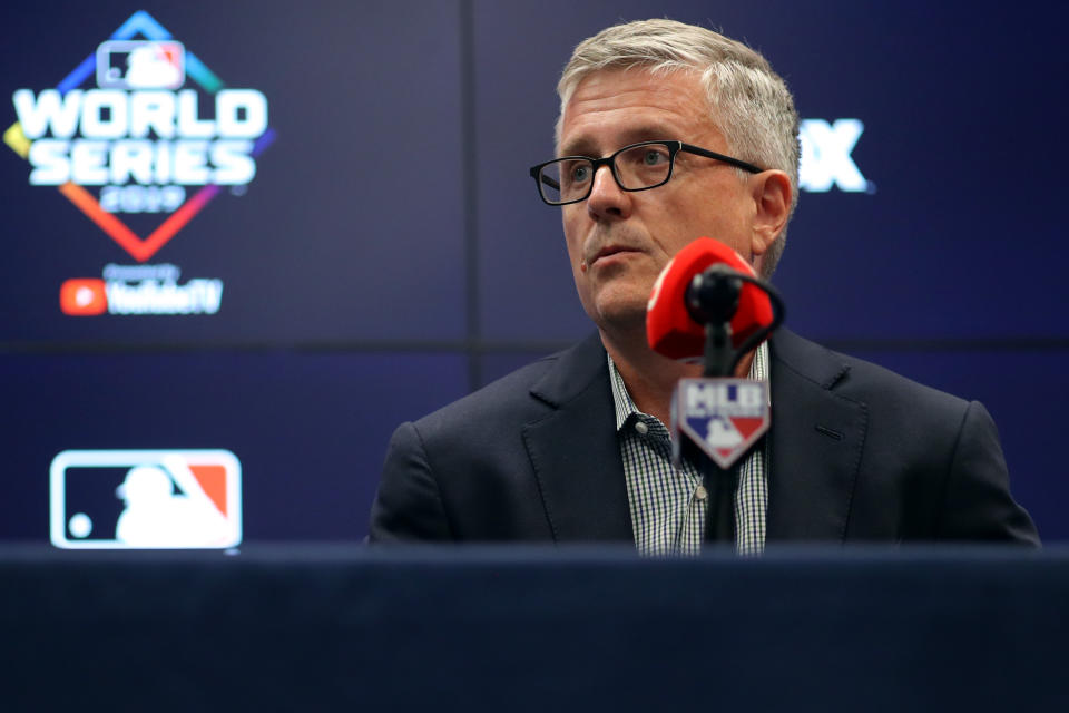 WASHINGTON, DC - OCTOBER 24:  President of Baseball Operations and General Manager Jeff Luhnow of the Houston Astros talks to the media during the press conference during the World Series Workout Day at Nationals Park on Thursday, October 24, 2019 in Washington, District of Columbia. (Photo by Alex Trautwig/MLB Photos via Getty Images)