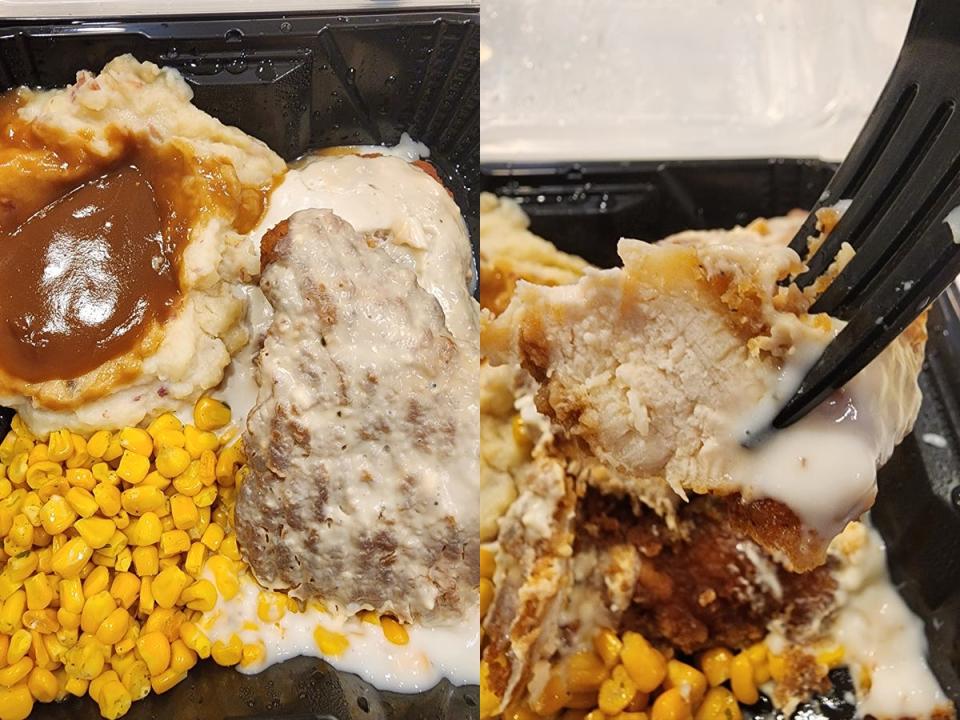 Fried chicken, corn, and mashed potatoes from Denny's; Piece of fried chicken on a fork