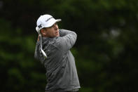 Luke List hist off the 16th tee during the second round of the Wells Fargo Championship golf tournament, Friday, May 6, 2022, at TPC Potomac at Avenel Farm golf club in Potomac, Md. (AP Photo/Nick Wass)