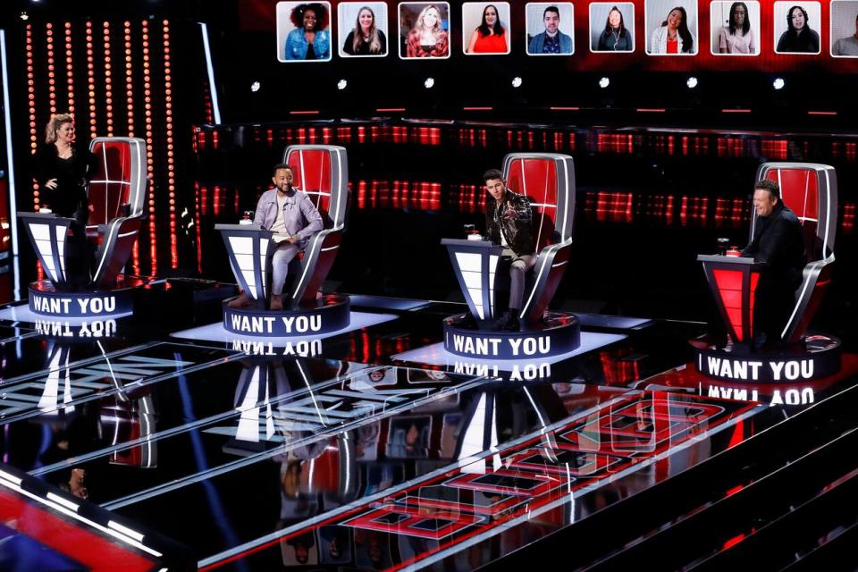 Kelly Clarkson, John Legend, Nick Jonas, and Blake Shelton on ‘The Voice’Trae Patton/NBC | 2020 NBCUniversal Media, LLC