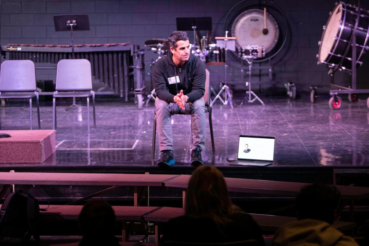 Christian Michael speaks to a group of Pueblo Centennial High School students as part of the district's Hour of Code event on Thursday. Michael is Google Cloud's North American Public Sector Training Lead.