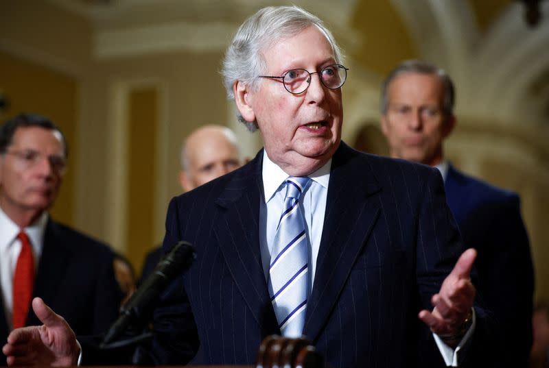 FILE PHOTO: U.S. Senate Minority Leader Mitch McConnell speaks to the media during the weekly Republican news conference on Capitol Hill