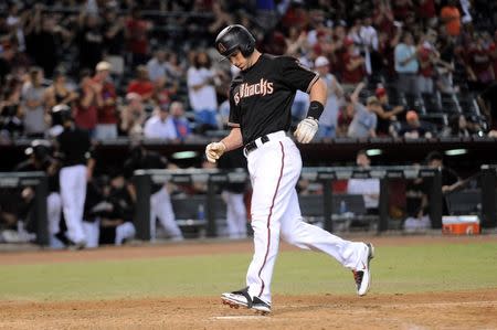 Oct 3, 2015; Phoenix, AZ, USA; Arizona Diamondbacks first baseman Paul Goldschmidt (44) crosses home plate after hitting a home run in the eighth inning against the Houston Astros at Chase Field. The Astros won 6-2. Joe Camporeale-USA TODAY Sports