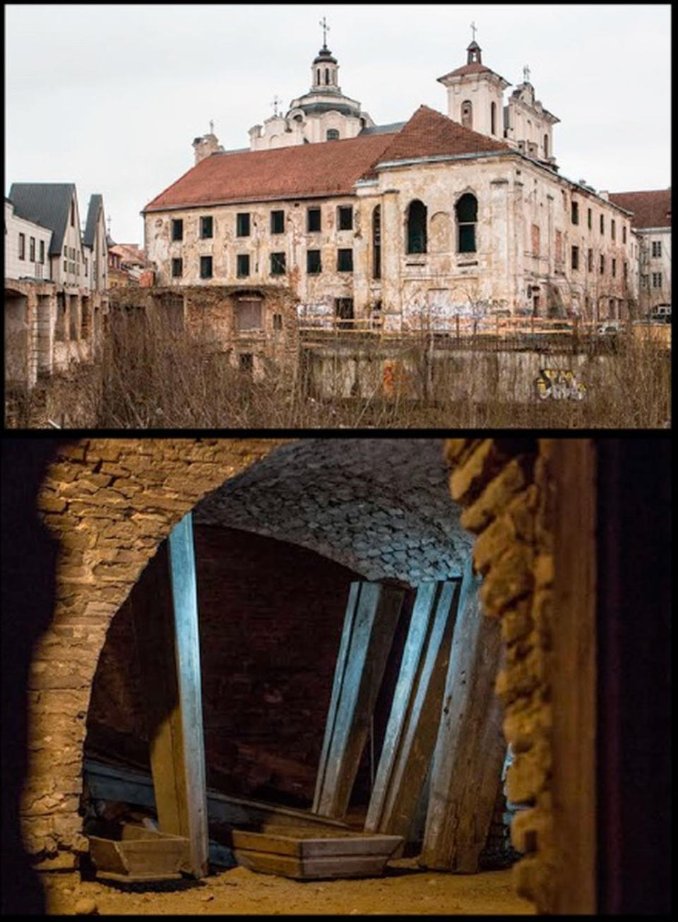 The Dominican Church of the Holy Spirit in Vilnius, Lithuania, (top) and the crypt in the church where the child mummy was uncovered (bottom). <cite>Duggan, A.T. <i>et al.</i> Current Biology (2016)</cite>