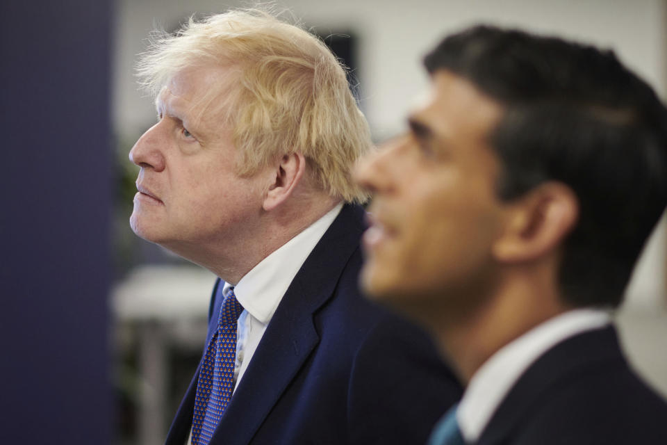 Britain's prime minister Boris Johnson, left, and chancellor of the exchequer Rishi Sunak. Photo: Leon Neal/Pool via AP