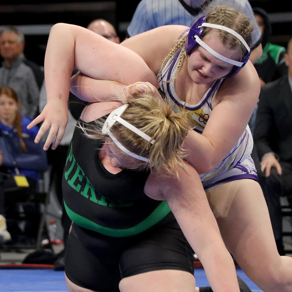Watertown's Hope Orr controls Pierre's Ciara McFarling during the girls 285-pound championship on Saturday, Feb. 24, 2023 in the South Dakota State Wrestling Championships at The Monument in Rapid City.
