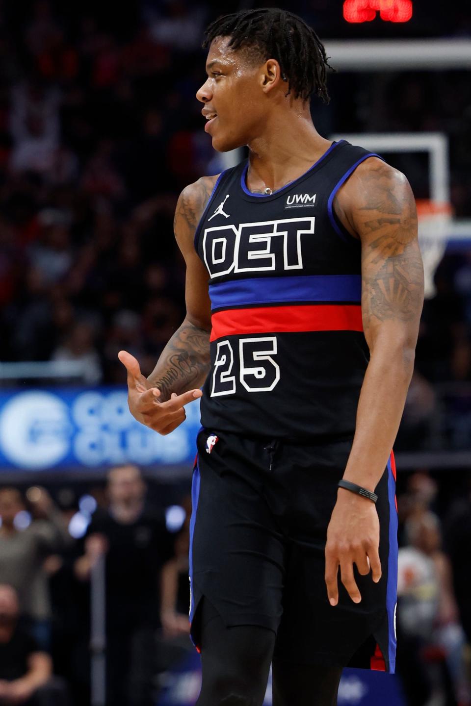 Detroit Pistons guard Marcus Sasser celebrates after he makes a 3-pointer in the second half against the Toronto Raptors at Little Caesars Arena on Wednesday, March 13, 2024.