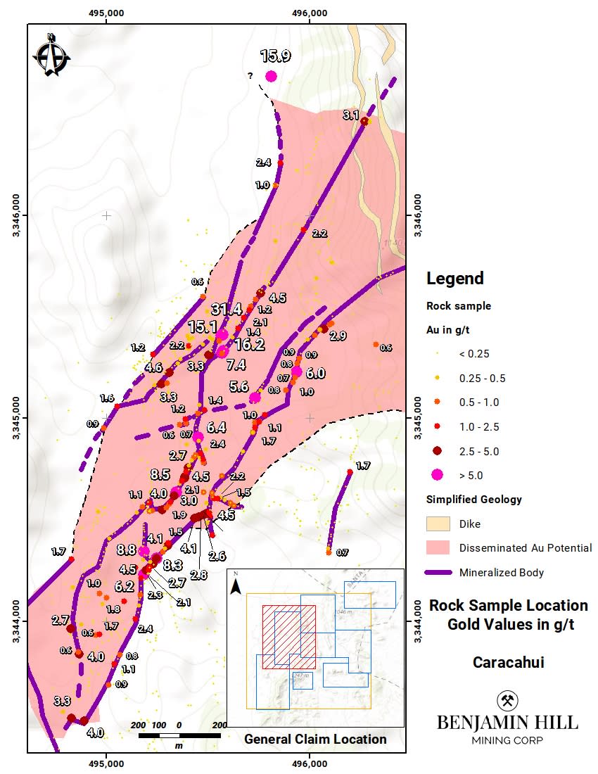 Figure 1: Gold Assay Map from the Caracahui N (El Fierro) sampling program.