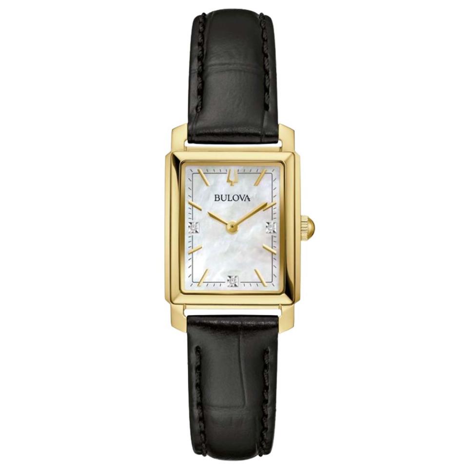 gold square watch with leather strap