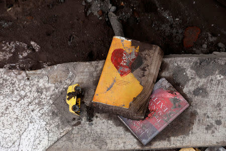 Books and a toy lie on the ground at a house affected by the eruption of the Fuego volcano in San Miguel Los Lotes in Escuintla, Guatemala, June 8, 2018. REUTERS/Carlos Jasso