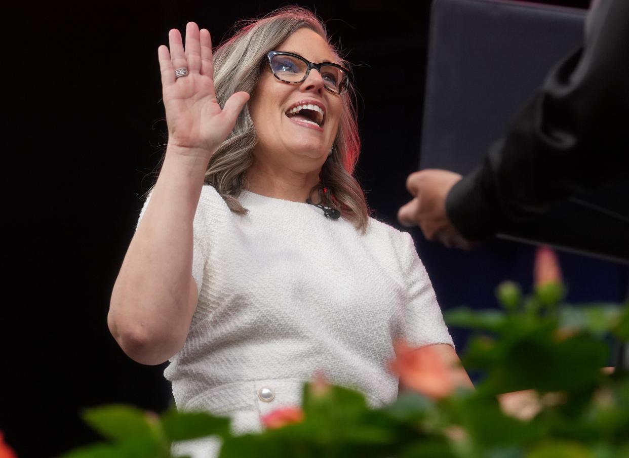 Governor Katie Hobbs is sworn in to office during her ceremonial public inauguration at the Arizona State Capitol in Phoenix on Jan. 5, 2023.