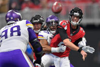 <p>Atlanta Falcons quarterback Matt Ryan (2) throws the ball as Minnesota Vikings defensive end Everson Griffen (97) defends during the first quarter at Mercedes-Benz Stadium. Mandatory Credit: Dale Zanine-USA TODAY Sports </p>