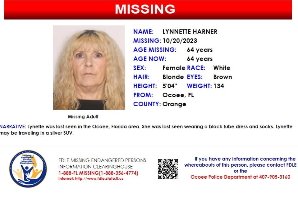 Lynnette Harner was last seen in the Ocoee area on Oct. 20, 2023.