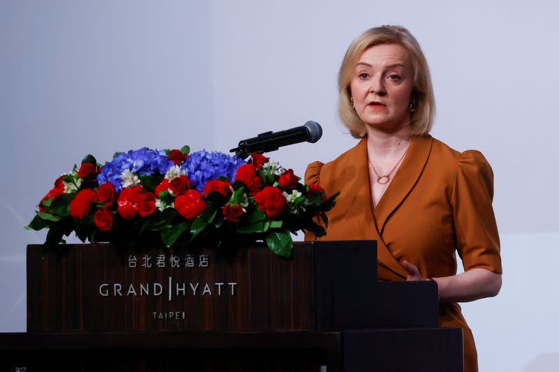 Former British Prime Minister Liz Truss makes a speech at an event in Taipei