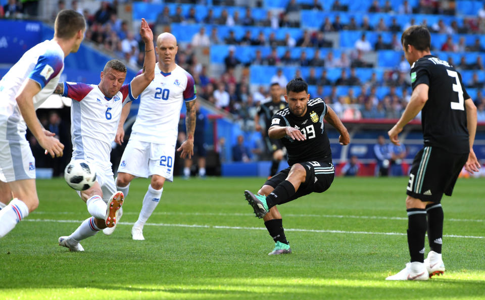 <p>Sergio Aguero scores his first World Cup goal to put Argentina into the lead </p>