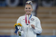 Mykayla Skinner of the United States, poses after winning the silver medal for the vault during the artistic gymnastics women's apparatus final at the 2020 Summer Olympics, Sunday, Aug. 1, 2021, in Tokyo, Japan. (AP Photo/Natacha Pisarenko)