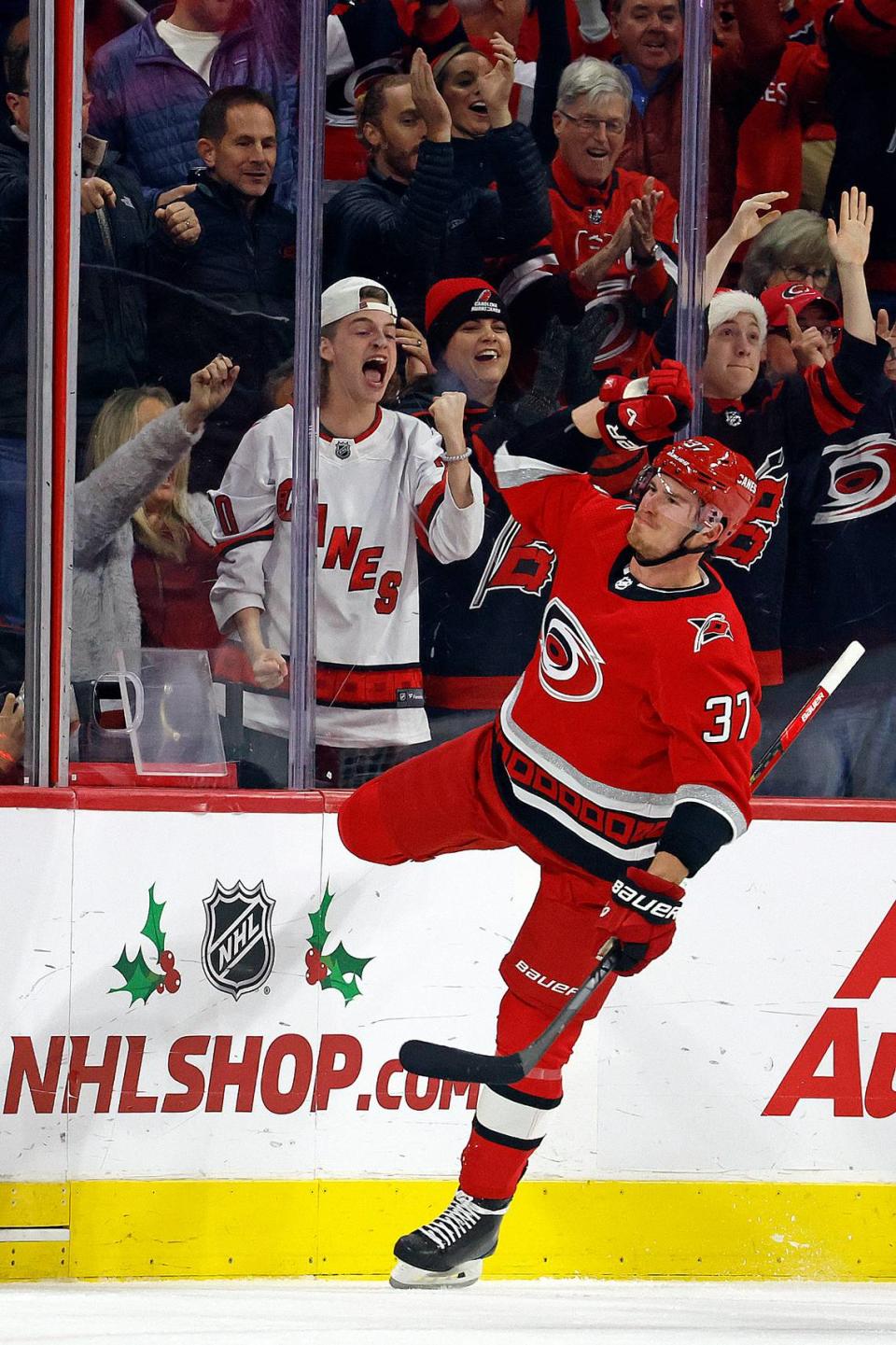 Carolina Hurricanes’ Andrei Svechnikov (37) celebrates his goal during the first period of an NHL hockey game against the Seattle Kraken in Raleigh, N.C., Thursday, Dec. 15, 2022. (AP Photo/Karl B DeBlaker)