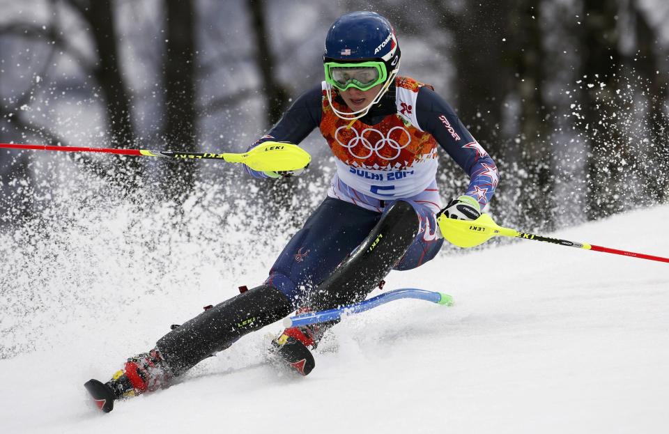 Mikaela Shiffrin of the U.S. skis during the first run of the women's alpine skiing slalom event at the 2014 Sochi Winter Olympics at the Rosa Khutor Alpine Center February 21, 2014. REUTERS/Mike Segar (RUSSIA - Tags: SPORT SKIING OLYMPICS)