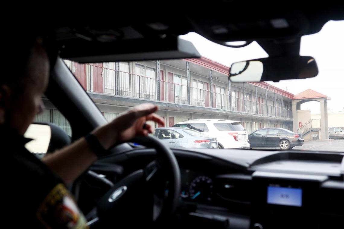 White Settlement police chief Christopher Cook shows one of the motels that generate a high amount of service calls during on Monday, April 10, 2023. A task force has been created to reduce crime at hotels and motels along Interstate 30 and West Loop 820 South.