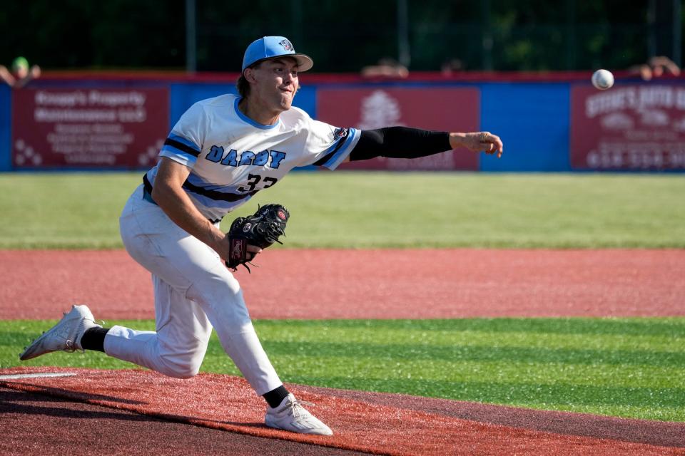 Hilliard Darby's Cam Gilkerson delivers a pitch Thursday against Grove City.