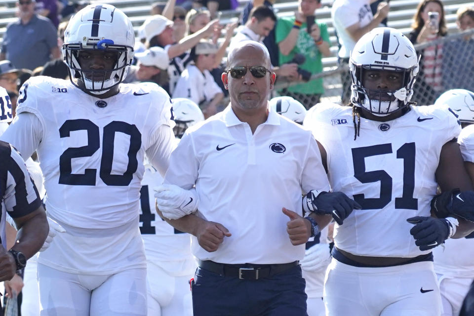 Penn State coach James Franklin leads his team on the field against Northwestern on Sept. 30. (David Banks-USA TODAY Sports)