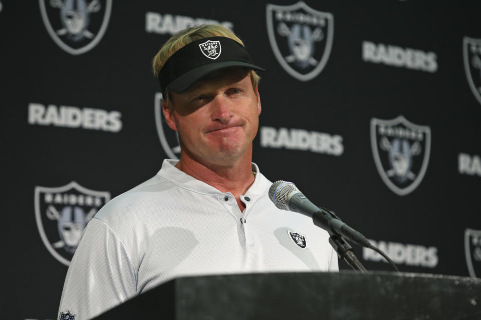 Oakland Raiders head coach Jon Gruden answers questions during a news conference after an NFL football game against the Los Angeles Rams in Oakland, Calif., Monday, Sept. 10, 2018. Los Angeles won the game 33-13. (AP Photo/Ben Margot)