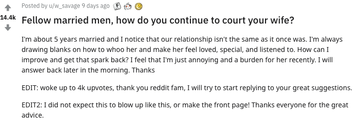 A Reddit user asked for advice on how to reignite the 'spark' in his marriage. Photo: Reddit.