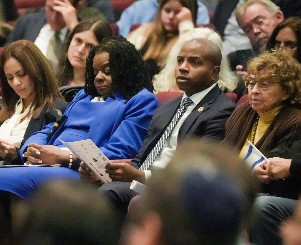 U.S. Congresswoman Gwen Moore and Milwaukee Mayor Cavalier Johnson join in a solidarity gathering for Israel on Monday, Oct. 9, 2023, at Congregation Shalom in Fox Point.