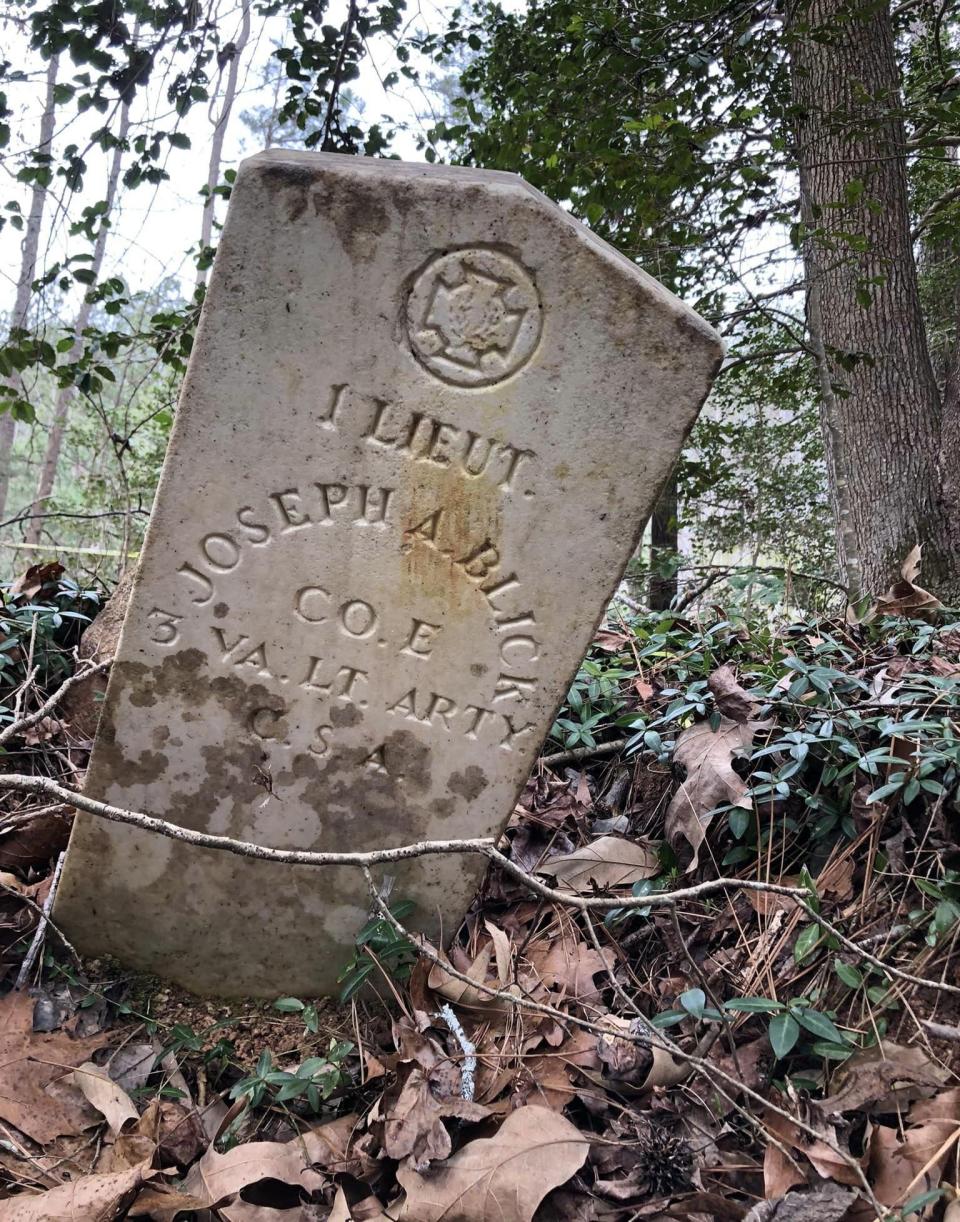 Dr. Joseph A. Blick's marble, military headstone in a family cemetery behind the historic Blick Plantation in Lawrenceville, Virginia. He served as a hospital steward in the Civil War during the Battle of Gettysburg.