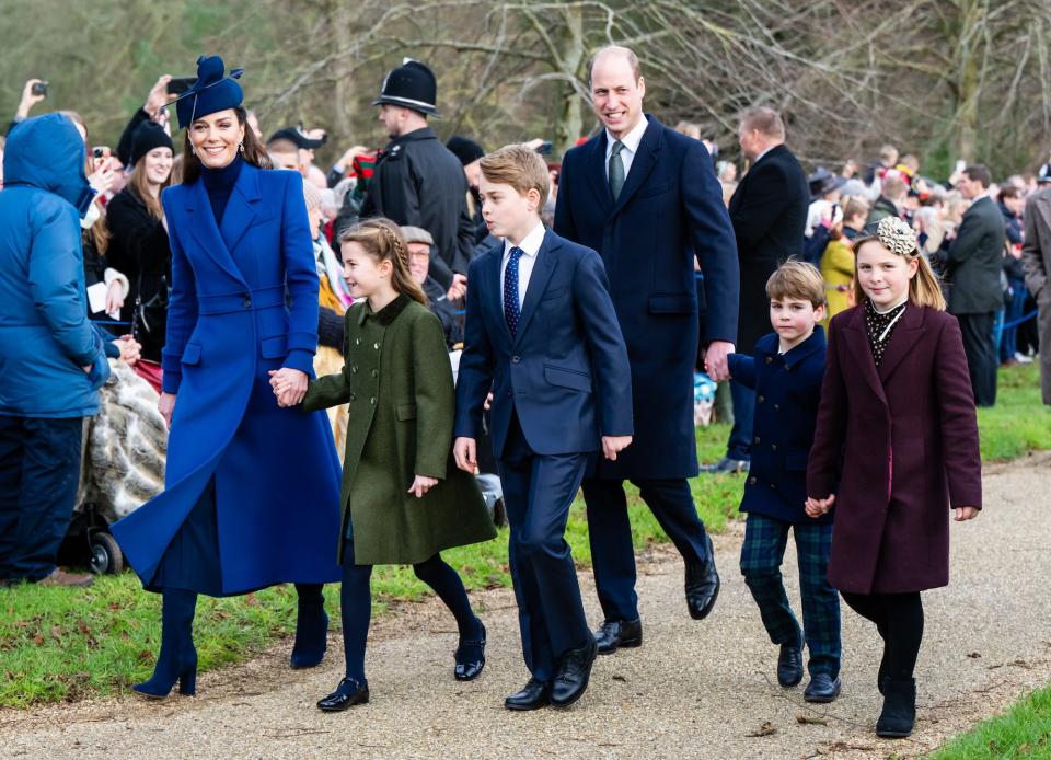 The Prince and Princess of Wales walk on Christmas morning 2023 at Sandringham with their children.