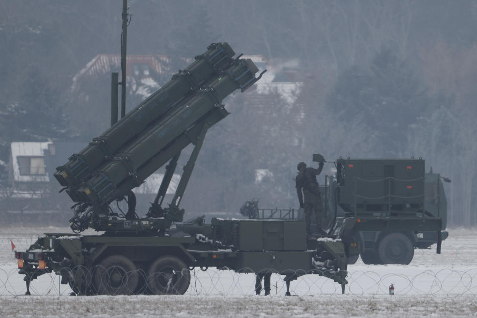 Patriot missile launchers acquired from the U.S. last year are seen deployed in Warsaw, Poland, Monday, Feb. 6, 2023. (AP Photo/Michal Dyjuk)