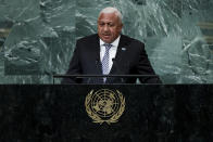 Prime Minister of Fiji Josaia Voreqe Bainimarama addresses the 77th session of the United Nations General Assembly, Friday, Sept. 23, 2022, at the U.N. headquarters. (AP Photo/Julia Nikhinson)