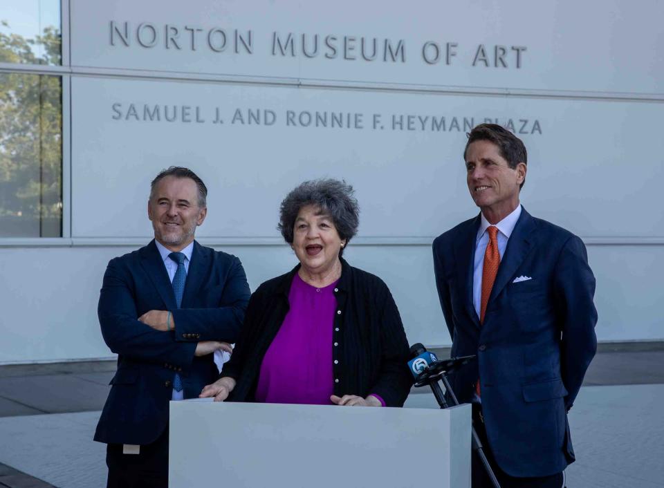 U.S. Rep. Lois Frankel, center, is flanked by Bruce Gendelman, right, chairman of the Norton Museum's board; and the museum's Director and CEO Ghislain d’Humières Friday as she announces $750,000 in new federal funding for the institution.