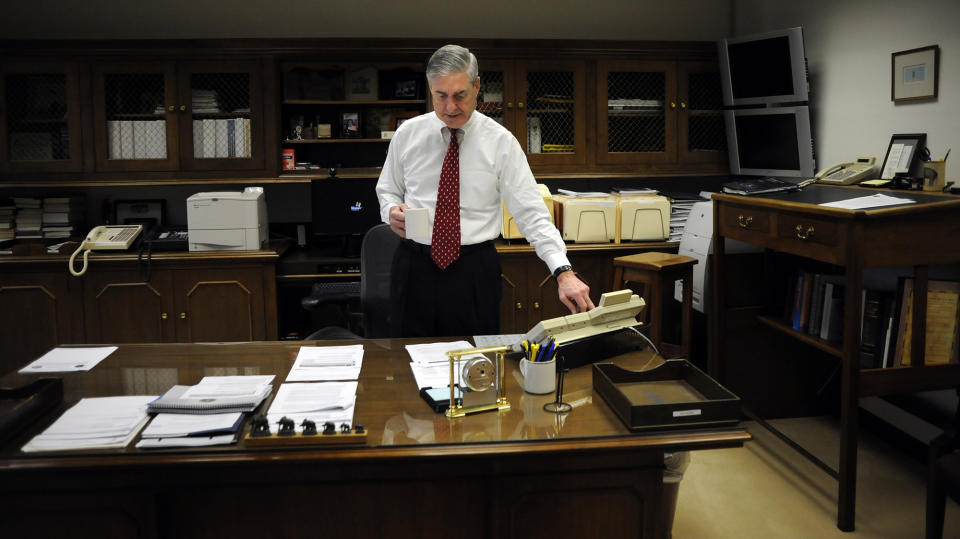 <p>At FBI headquarters, FBI Director Robert Mueller begins his long day at at 7 am with a security briefing and several meetings with staff, Friday June 4, 2010. (Photo: Melina Mara/The Washington Post via Getty Images) </p>