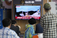 A TV screen shows a May 31, 2023 image of North Korea's rocket launch during a news program at the Seoul Railway Station in Seoul, South Korea, Thursday, June 1, 2023. Kim Yo Jong, the powerful sister of North Korean leader Kim Jong Un on Thursday accused the United States of "gangster-like" hypocrisy for criticizing her country's failed launch of a military spy satellite and insisted that the North will follow with a successful launch soon. (AP Photo/Ahn Young-joon)