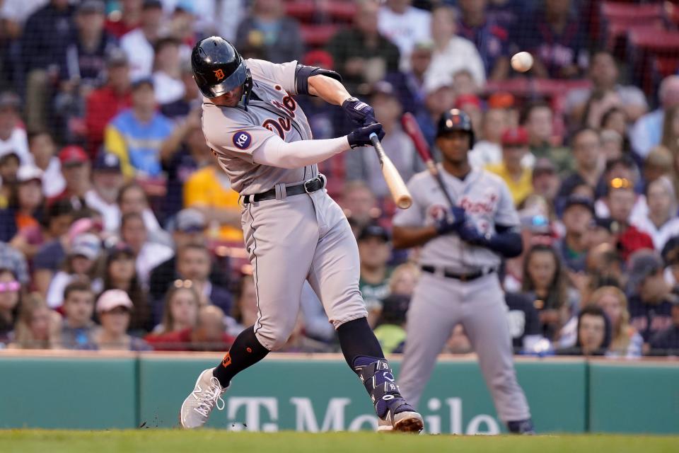 Tigers first baseman Spencer Torkelson hits a sacrifice fly, allowing Riley Greene to score, in the second inning on Monday, June 20, 2022, in Boston.