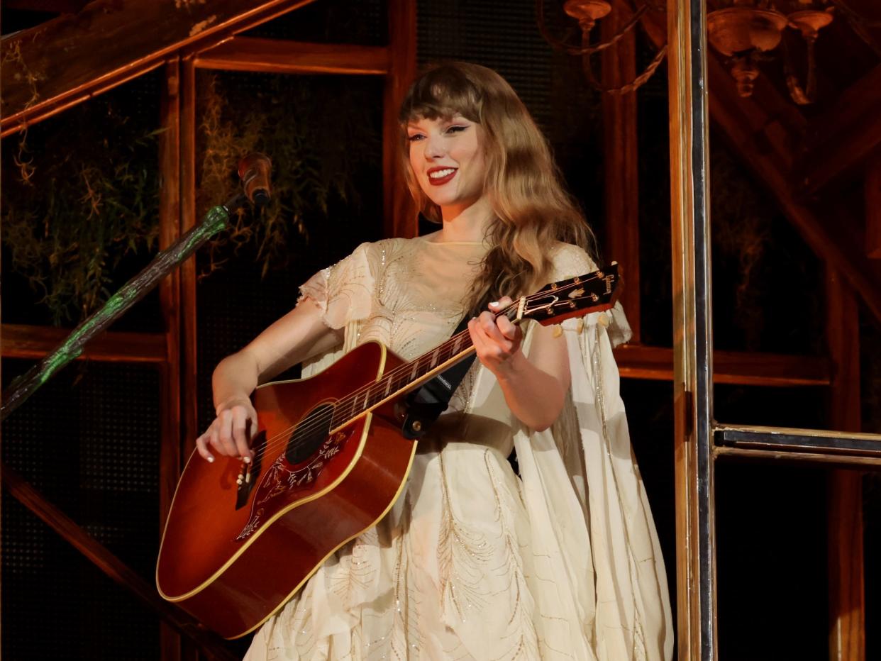 Taylor Swift performs during "Taylor Swift | The Eras Tour" at the National Stadium on March 02, 2024 in Singapore.