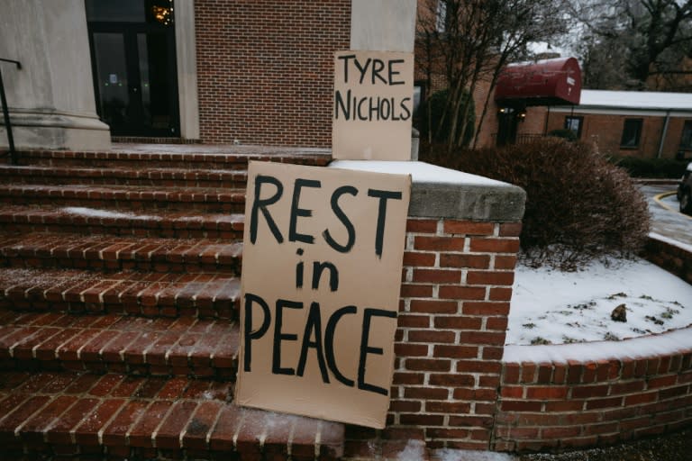 Signs placed on the steps of a church in Memphis, Tennessee, on the morning of Tyre Nichols's funeral (Lucy Garrett)