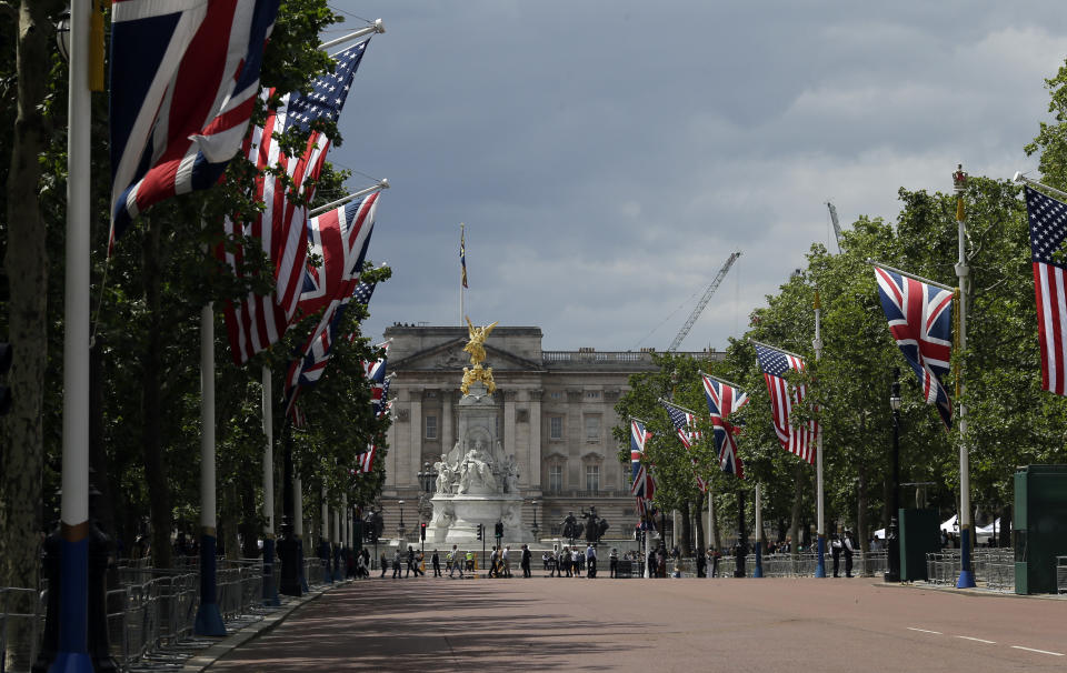 A general view of the Mall leading up to Buckingham Palace on the day of U.S President Donald Trump's arrival in London, Monday, June 3, 2019. Trump is on a three-day state visit to Britain. (AP Photo/Tim Ireland